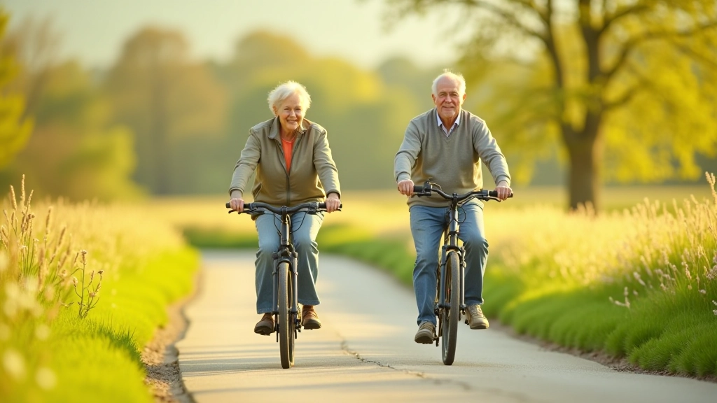 Seniora pāris uz elektrovelo Vidzemes lauku ceļa, ziedošs lauks fona