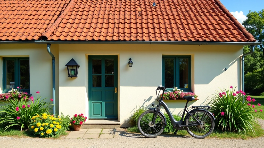 Lauku kafejnīca ar sarkanajiem jumta flīzēm, pierakts elektrovelo